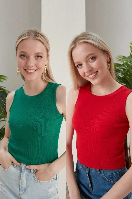 Women's Green Red Halter Neck Corduroy 2-Pack Crop Blouse Balloon Sleeve Blouse