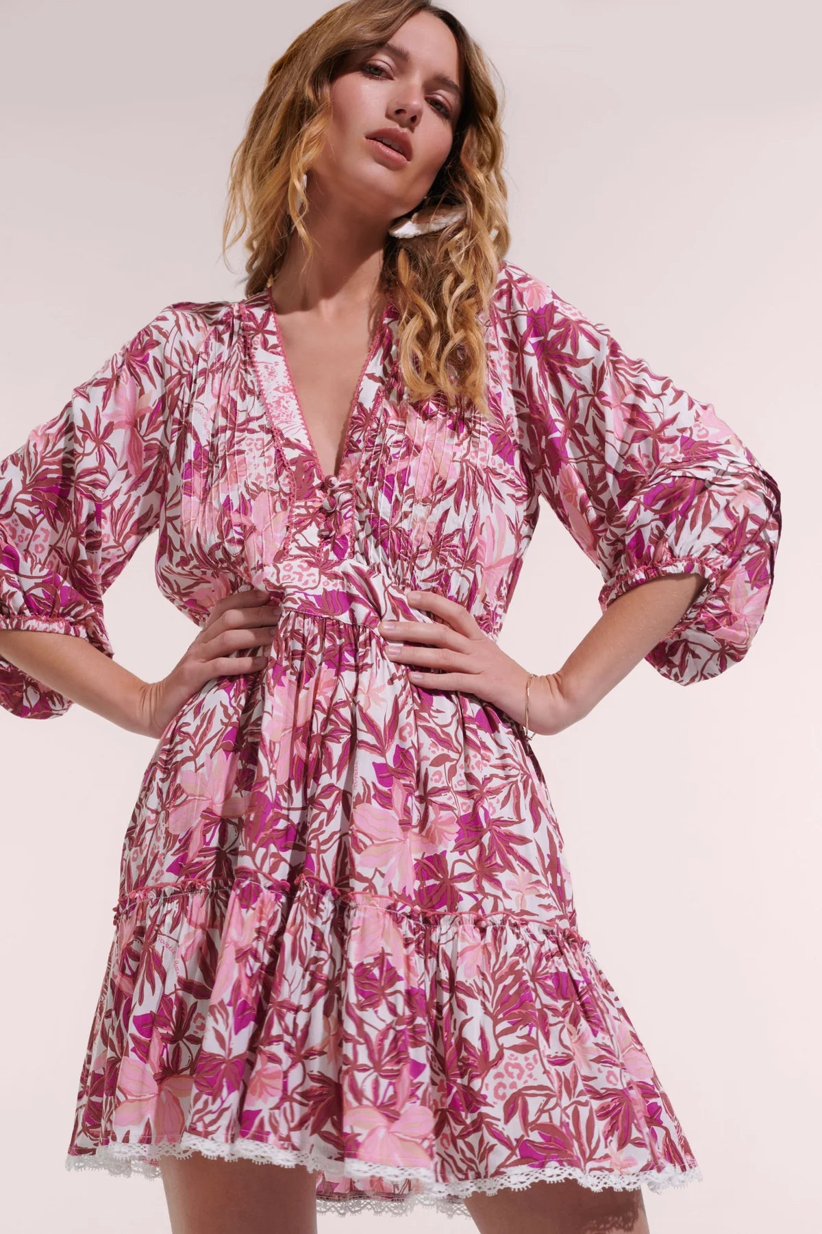 Pink Orchid Three-Quarter Sleeve Mini Dress Classic Black Mini Dress