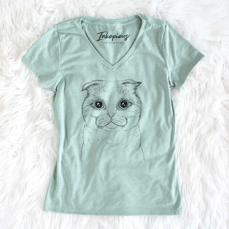 Bare Neko the Scottish Fold Cat - Women's V-neck Shirt-- Houndstooth Herringbone Solid Bare Neko the Scottish Fold Cat - Women's V-neck Shirt-- Houndstooth Herringbone Solid