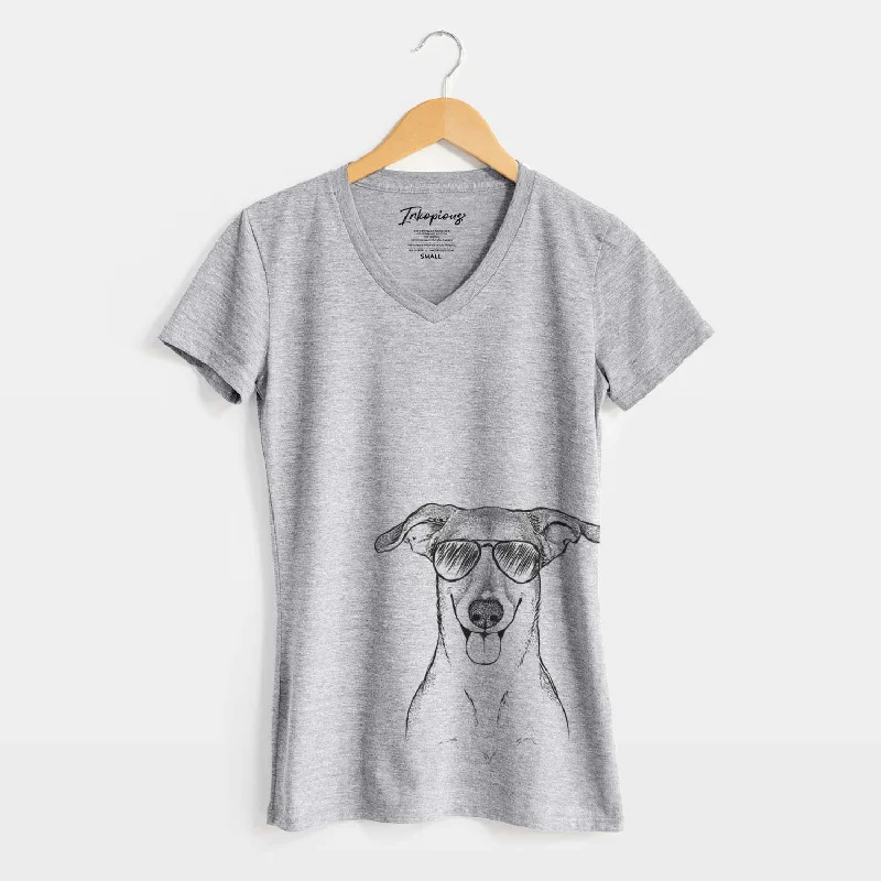 Aviator Phoebe the Corgi Mix - Women's V-neck Shirt-- Print Jacquard Patchwork