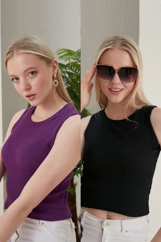 Women's Black Purple Halter Neck 2 Piece Crop Blouse Asymmetric Hem Blouse
