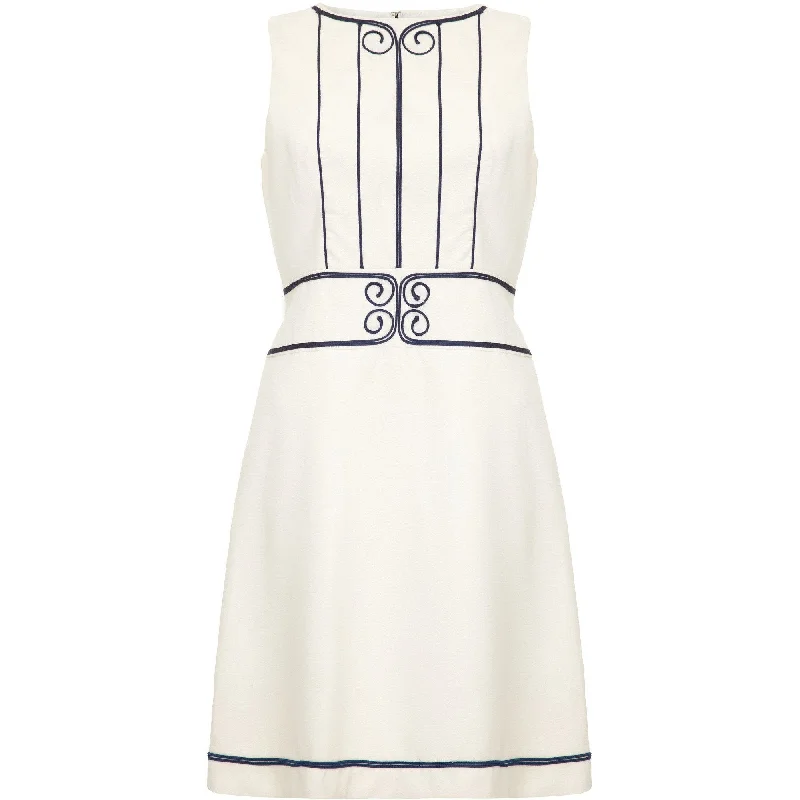 1960s Louis Feraud For Rembrandt White Mini Dress With Navy Appliqué Classic Striped Mini Dress