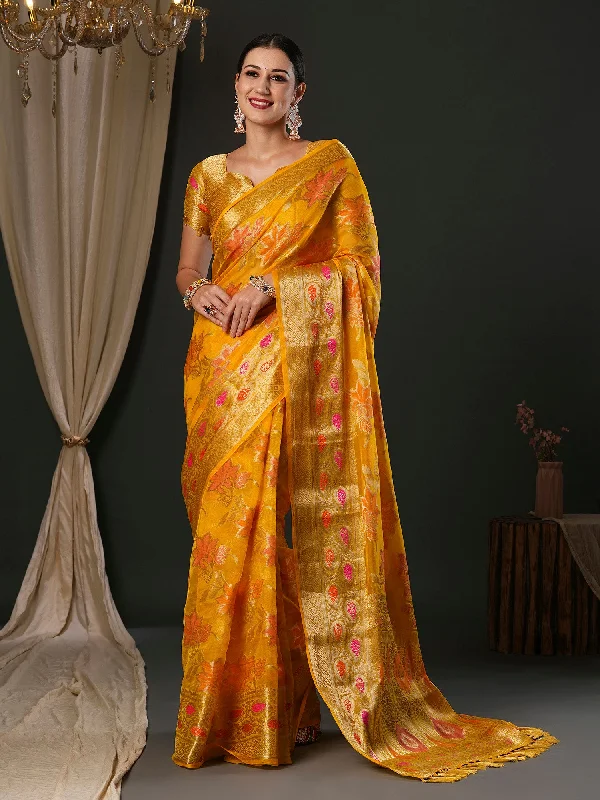 Women's Organza Yellow Woven Design Designer Saree With Blouse Piece Modern Work Blouse Women's Organza Yellow Woven Design Designer Saree With Blouse Piece Modern Work Blouse