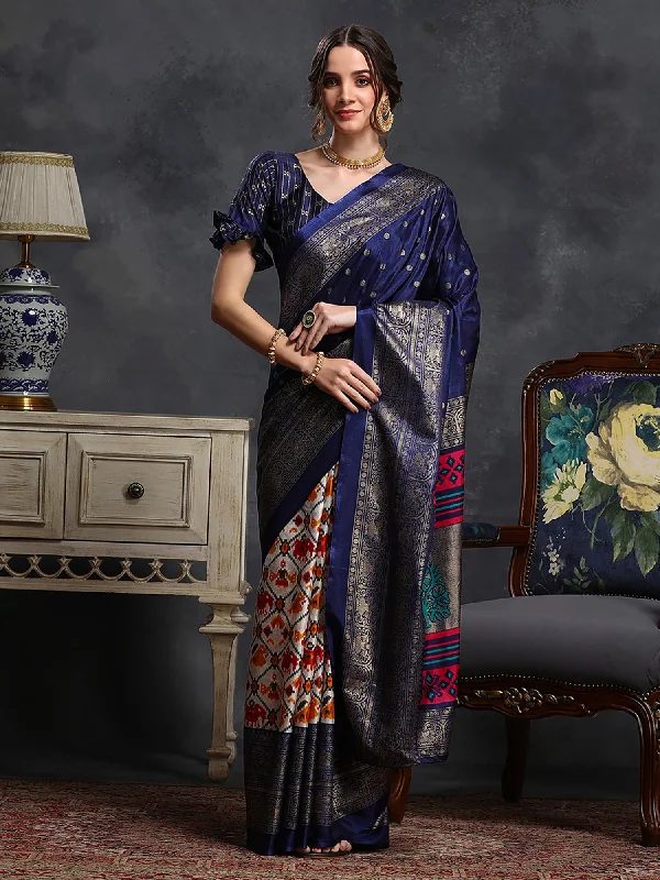 Women's Dola Silk Navy Blue Printed Designer Saree With Blouse Piece Elegant Embroidery Blouse Women's Dola Silk Navy Blue Printed Designer Saree With Blouse Piece Elegant Embroidery Blouse