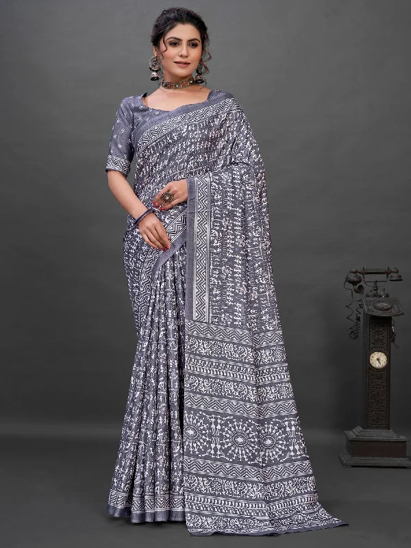 Women's Dola Silk Grey Printed Designer Saree With Blouse Piece Double Button Blouse Women's Dola Silk Grey Printed Designer Saree With Blouse Piece Double Button Blouse