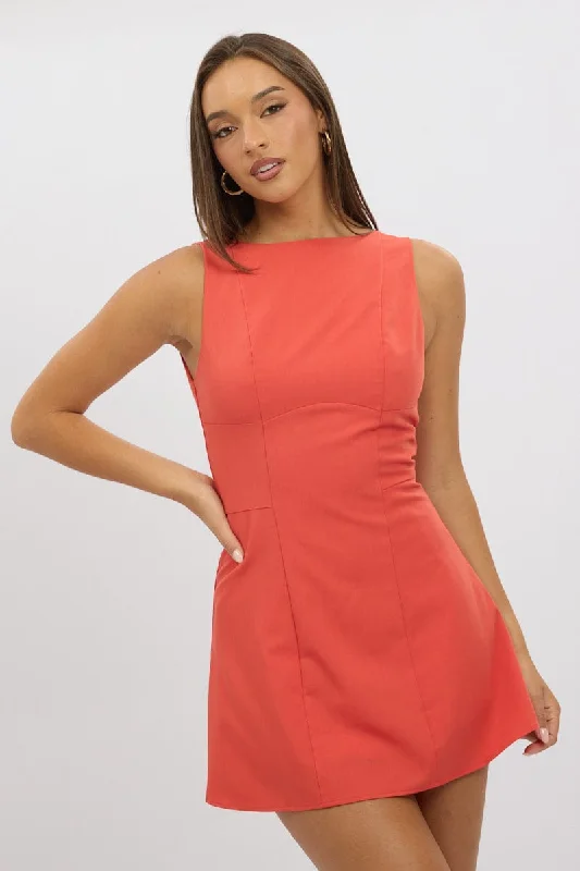 Red Mini Dress Boat Neck Classic Striped Mini Dress