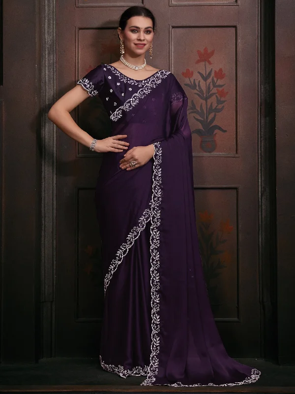 Women's Chiffon Purple Embellished Designer Saree With Blouse Piece Drape Neck Blouse