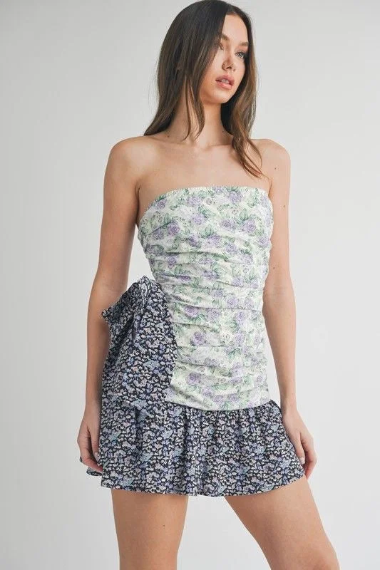 Floral Contrast Mini Dress with Bow Detail Trendy Lace Mini Dress