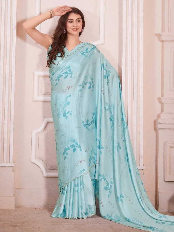 Women's Satin Silk Light Blue Digital Print Designer Saree With Blouse Piece Soft Knit Blouse Women's Satin Silk Light Blue Digital Print Designer Saree With Blouse Piece Soft Knit Blouse