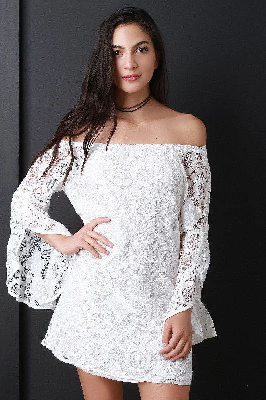 Lace Off the Shoulder Tulip Sleeve Mini Dress Elegant Off-Shoulder Dress Mini