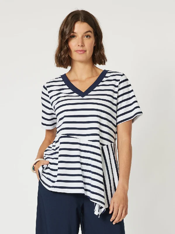 Stripe Spliced T-shirt - Navy/White-- Print Jacquard Patchwork