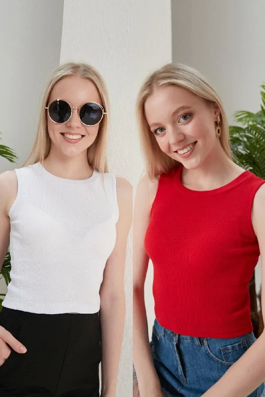 Women's Red White Halter Collar 2 Piece Crop Blouse Satin Bow Blouse