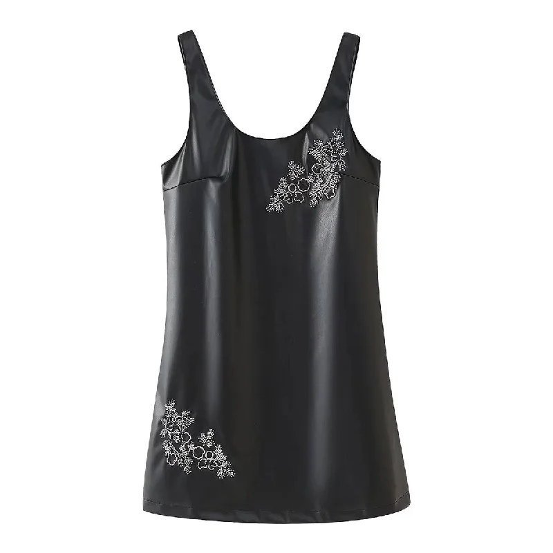 Beaded Faux Leather Sleeveless Mini Dress Elegant Off-Shoulder Dress Mini