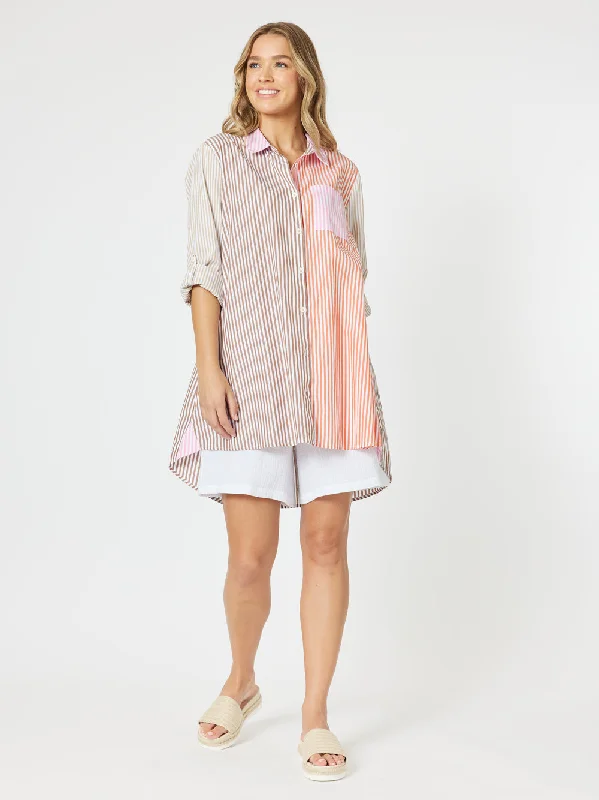 Summer Stripe Shirt - Papaya-- Striped Floral Plaid