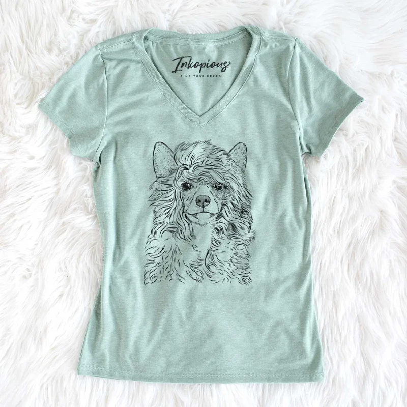Bare Preston the Powderpuff Chinese Crested - Women's V-neck Shirt-- Striped Floral Plaid Bare Preston the Powderpuff Chinese Crested - Women's V-neck Shirt-- Striped Floral Plaid