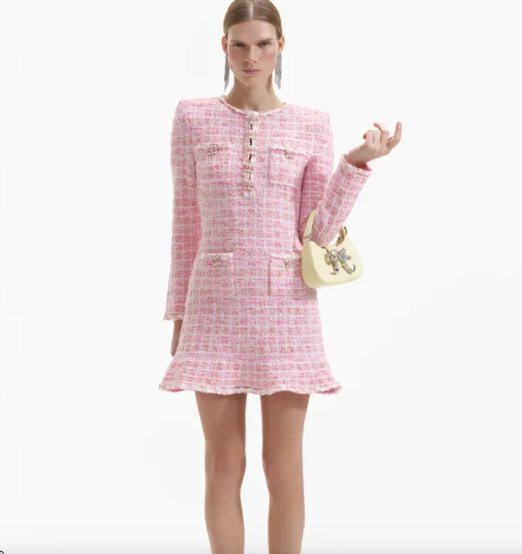 Check Knit Mini Dress Pink - Self Portrait Cozy Knitted Mini Dress