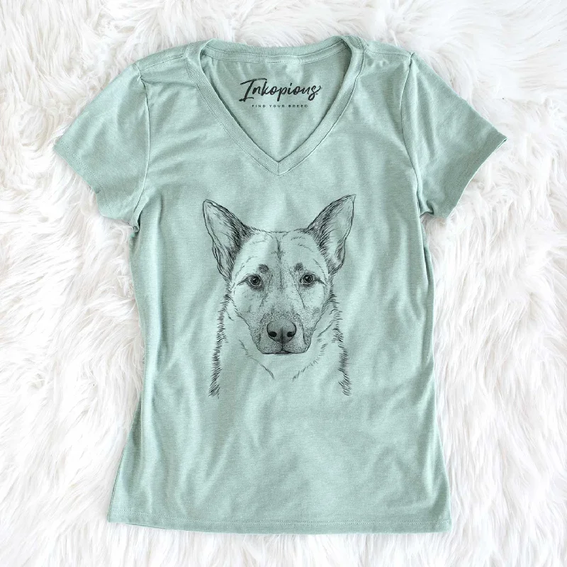 Bare Oliverno the German Shepherd - Women's V-neck Shirt-- Rayon Fabric Velvet Fabric Corduroy Fabric Bare Oliverno the German Shepherd - Women's V-neck Shirt-- Rayon Fabric Velvet Fabric Corduroy Fabric
