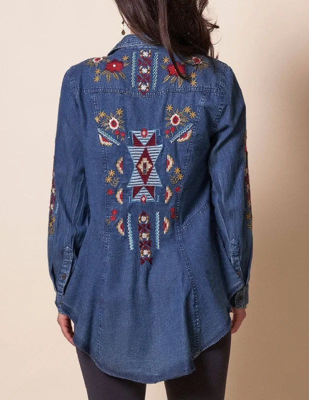 Carly Embroidered Denim Shirt-- Cozy Warm Stylish