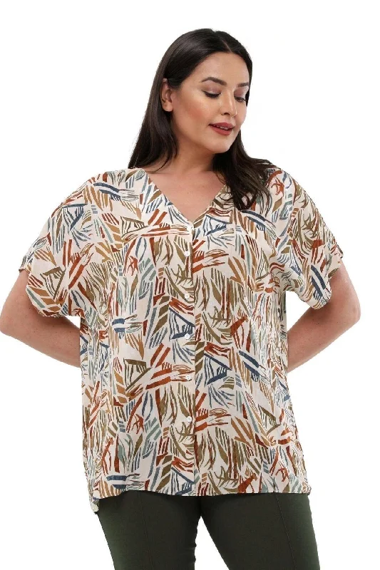 Women's Large Size Cream V-Neck Bat Sleeve 42-52 Buttoned Viscose Cotton Blouse Office-Ready Blouse