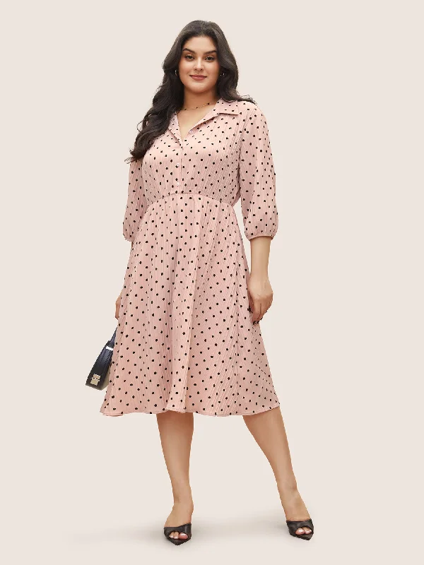 Polka Dot Textured Elastic Waist Button Up Dress Tunics Spring floral