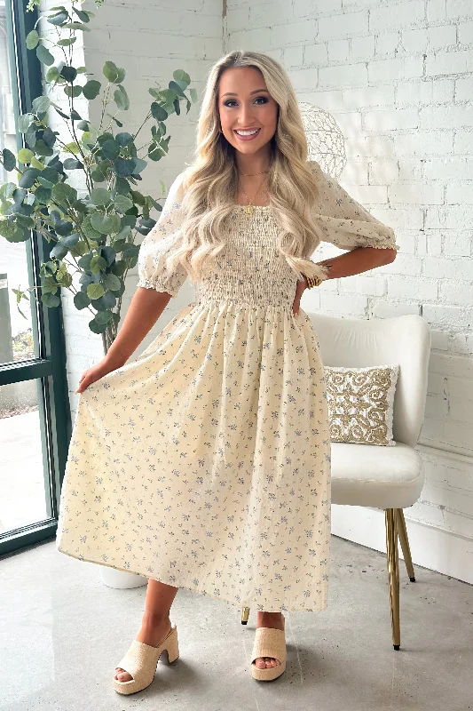 Sky Blue Floral Smocked Square Neck Dress Tunics Lace romantic