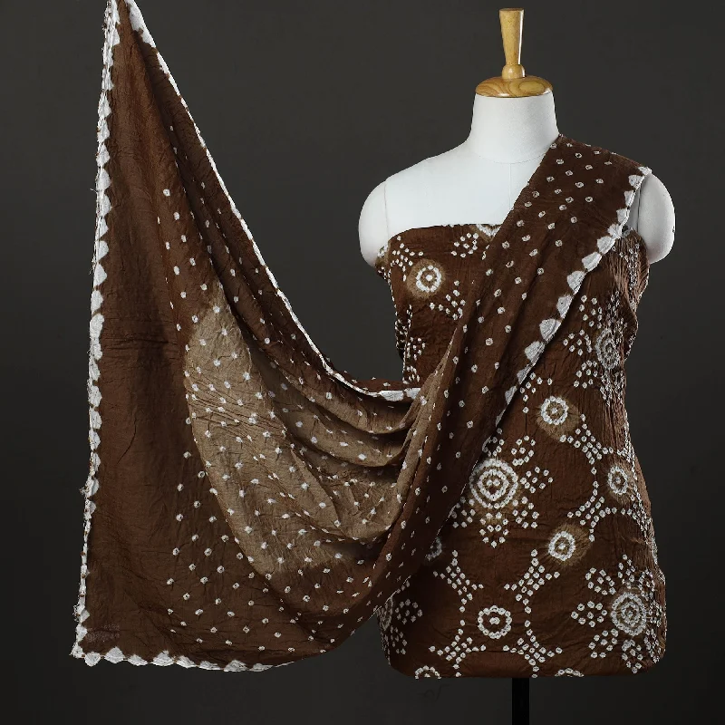 Brown - 3pc Kutch Tie-Dye Satin Cotton Bandhani Dress Material 81 Tunics Sophisticated sleek Brown - 3pc Kutch Tie-Dye Satin Cotton Bandhani Dress Material 81 Tunics Sophisticated sleek