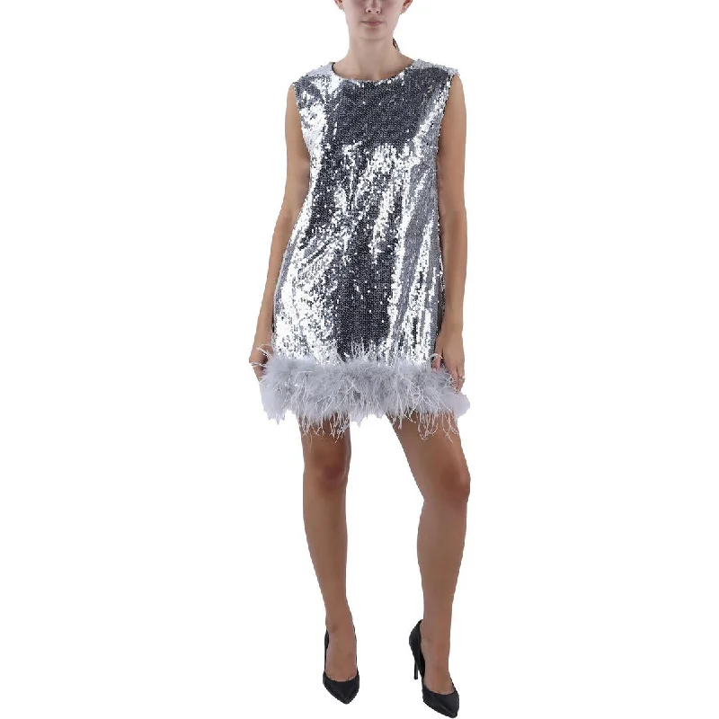 Beulah Womens Feather Trim Mini Cocktail And Party Dress Boat Neckline Classic