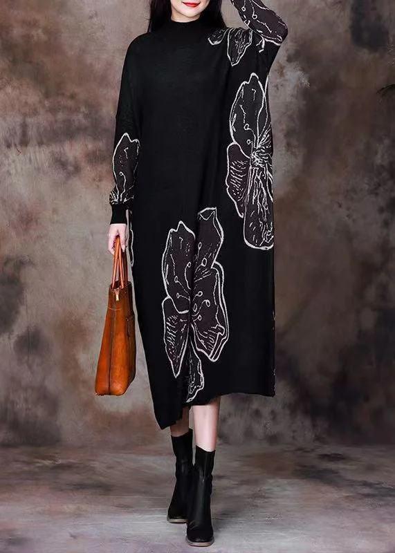 Black Pockets Patchwork Knitting Cotton Long Dress O Neck Long Sleeve Tunics Cozy soft