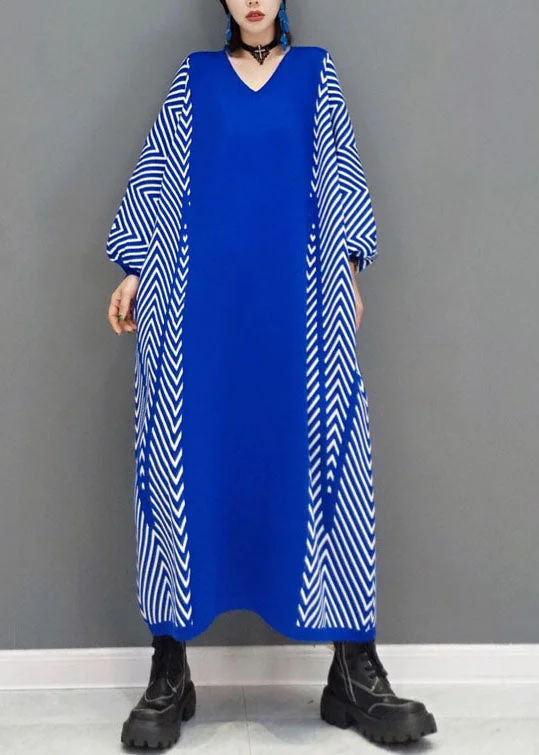 Classy Blue Striped Knit Long Dresses Spring Tunics Gym athletic