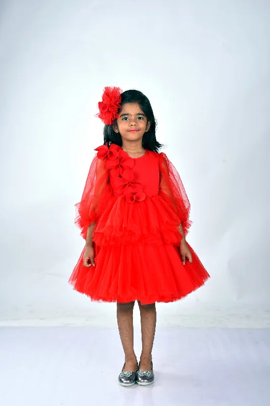 Pre-Order: Red Tulle Knee Length Dress with Full Sleeves Tunics Polka dots