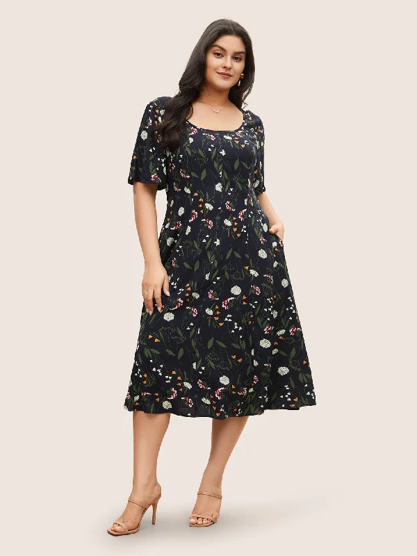 Floral Print Patchwork Scoop Neck Dress A-Line Day Work