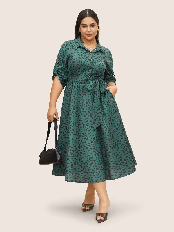 Shirt Collar Polka Dot Elastic Waist Belted Dress Tunics Evening elegant