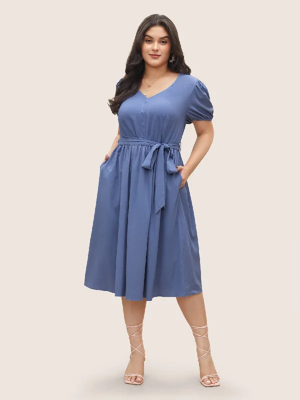 Solid Button Detail Belted Elastic Waist Dress Tunics Prom sequined