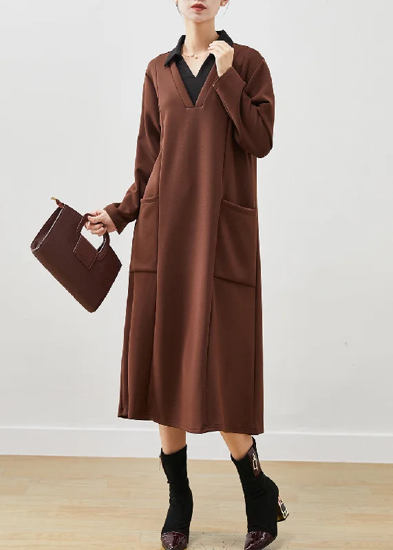 Brown Patchwork Cotton Long Dress V Neck Pockets Spring sweetheart Neckline Romantic