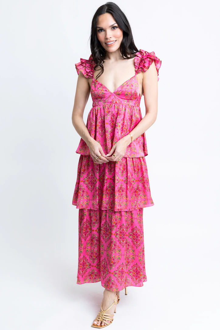 FLORAL SATIN RUFFLE TIER DRESS Tunics Formal black