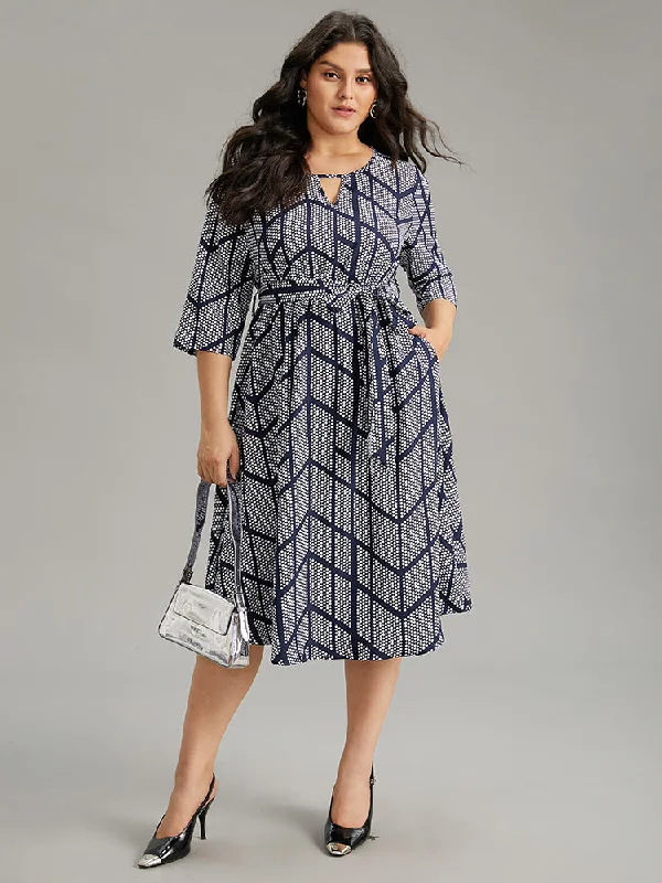 Polka Dot Geometric Keyhole Belted Dress empire Waist empire