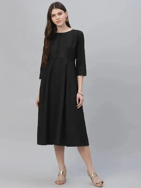 Black Solid Cotton Dress Shift Classic Vintage