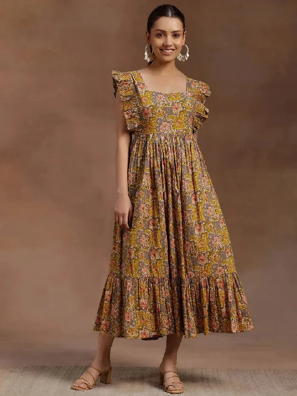 Mustard Printed Cotton Fit and Flare Dress Tunics Fall fleece