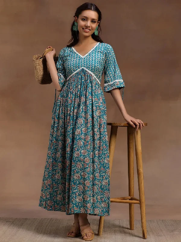 Green Printed Cotton Fit and Flare Dress Tunics Sale discount
