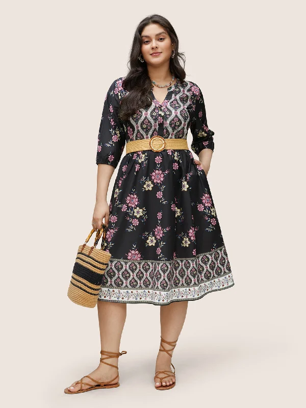 Boho Print Patchwork Notched Lantern Sleeve Dress Tunics Velvet soft