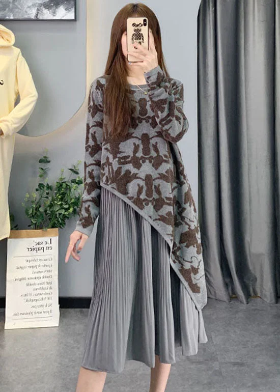Vintage Grey Asymmetrical Patchwork Knit Long Dresses Spring Tunics Hiking breathable Vintage Grey Asymmetrical Patchwork Knit Long Dresses Spring Tunics Hiking breathable