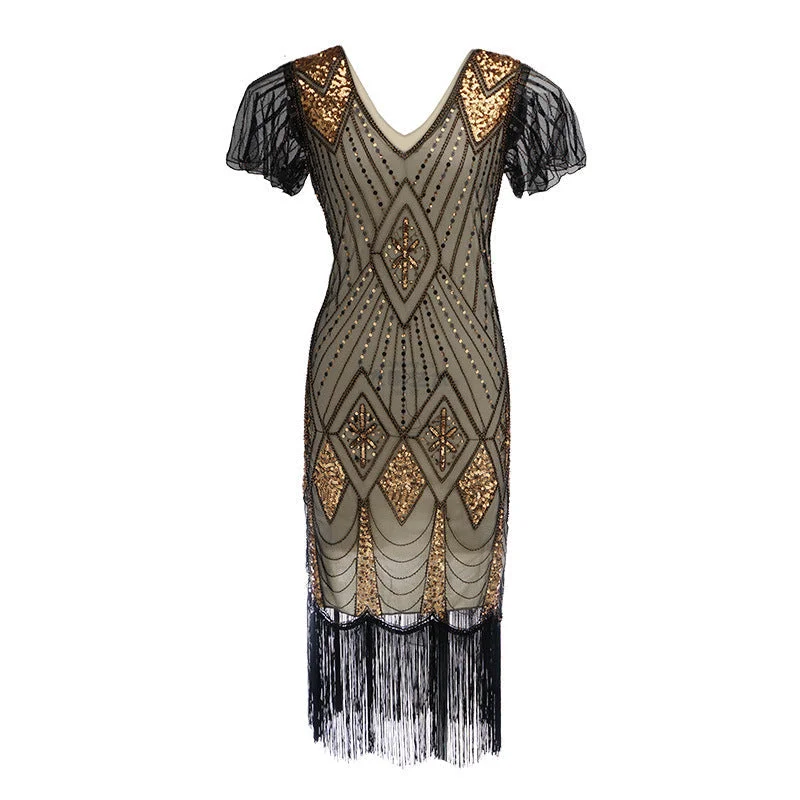 Premium vintage 1920s sequins costume midi dress | Retro tassels dress evening party dress Off-the-shoulder Chic Trendy Premium vintage 1920s sequins costume midi dress | Retro tassels dress evening party dress Off-the-shoulder Chic Trendy
