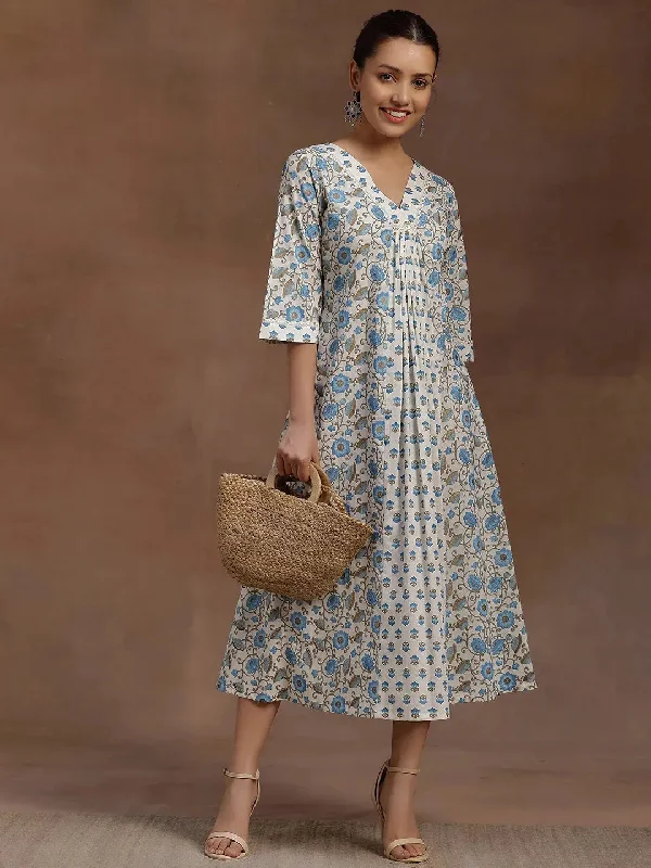 Blue Printed Cotton A-Line Dress Tunics Formal black