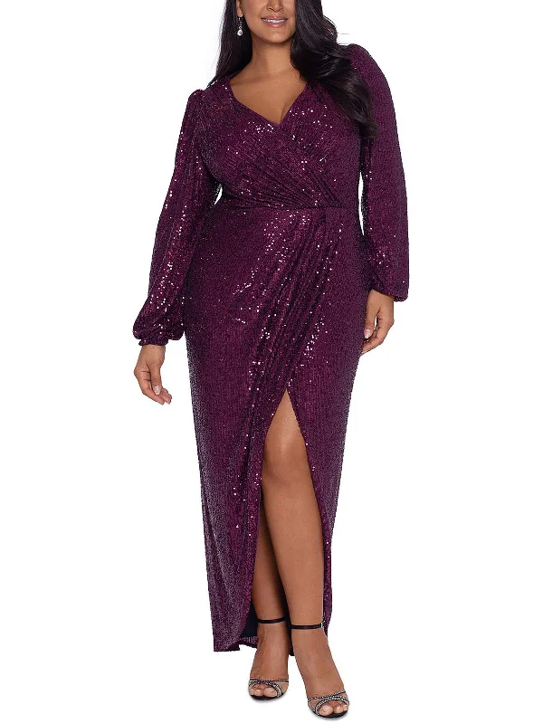 Plus Womens Sequined Surplice Evening Dress Tunics Versatile all-occasion