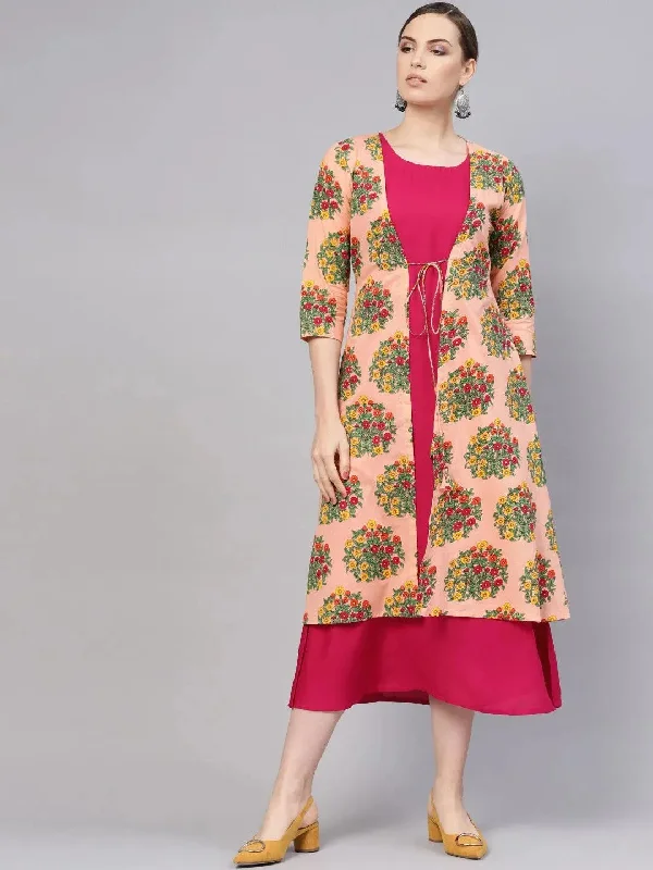 Pink Printed Rayon Dress With Shrug Pencil Office Professional