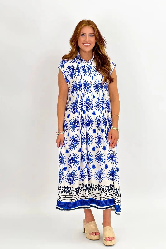 Blue Printed Button Up Pleated Dress Tunics Fashionable chic