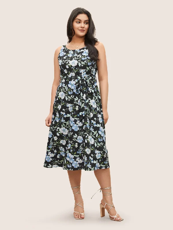 Floral Elastic Waist Sleeveless Pocket Belted Dress Tunics Versatile functional