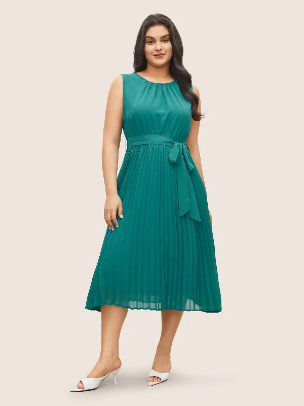 Plain Sleeveless Elastic Waist Pleated Belted Dress Tunics Practical durable