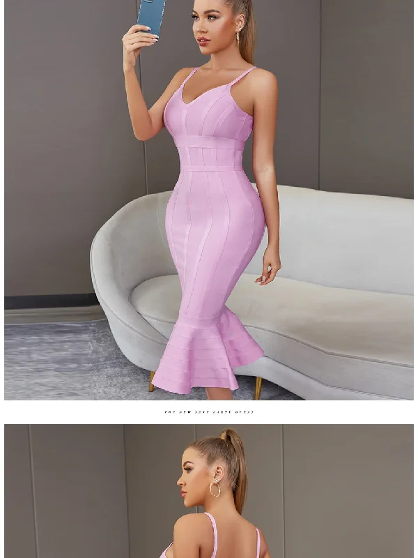 Women Summer Pink Bandage Dress 2022 Spaghetti Strap Mermaid V-Neck Midi Clubwears Celebrity Evening Party Dress Vestidos Tunics Business professional Women Summer Pink Bandage Dress 2022 Spaghetti Strap Mermaid V-Neck Midi Clubwears Celebrity Evening Party Dress Vestidos Tunics Business professional