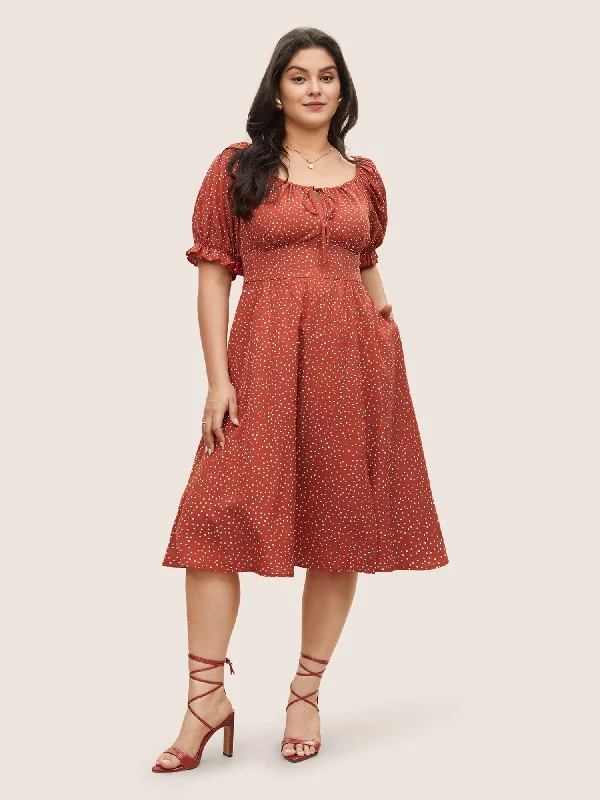 Polka Dot Ties Lantern Sleeve Gathered Dress Square Neckline Feminine